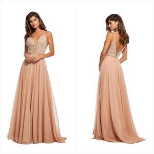 Sherri Hill Beaded Plunging V Neck Chiffon Gown in Nude Pink Color 52589 NWT